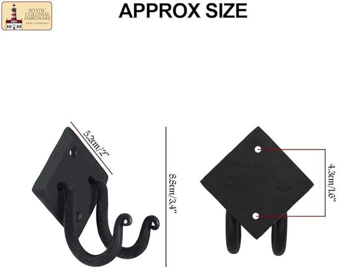 Mystic Colonial Rustic Hand Forged Iron Wall Hook with Two Hangers: Ideal for Victorian, Colonial, Retro, Steampunk, Gothic, and Baroque Settings 8.8 cm Black Pack of 1