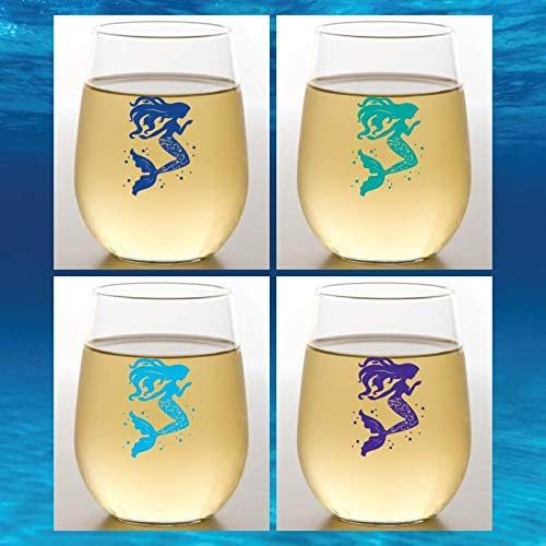 Set of 4 Shatterproof Designer 16 oz Plastic Wine Glasses MADE in the USA (MERMAIDS)