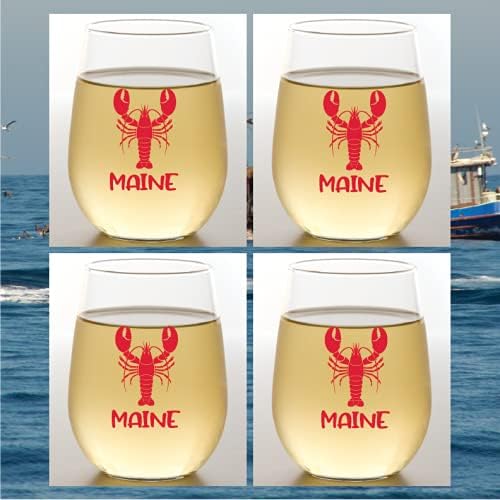 Set of 4 Shatterproof Designer 16 oz Plastic Wine Glasses MADE in the USA (MAINE LOBSTER)