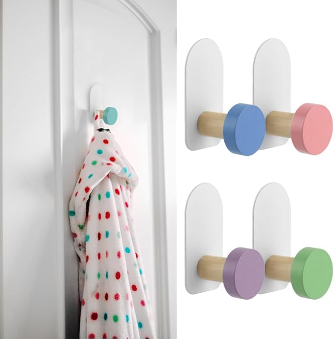 5 Pcs Self-Adhesive Wall Coat Hooks, Cute Wooden Sticky Clothes Hook Colorful Towel Hooks Multi Purpose Stick on Wall Hook Holder for Key Towel Coat Kitchen Bathroom(Macaron Round)