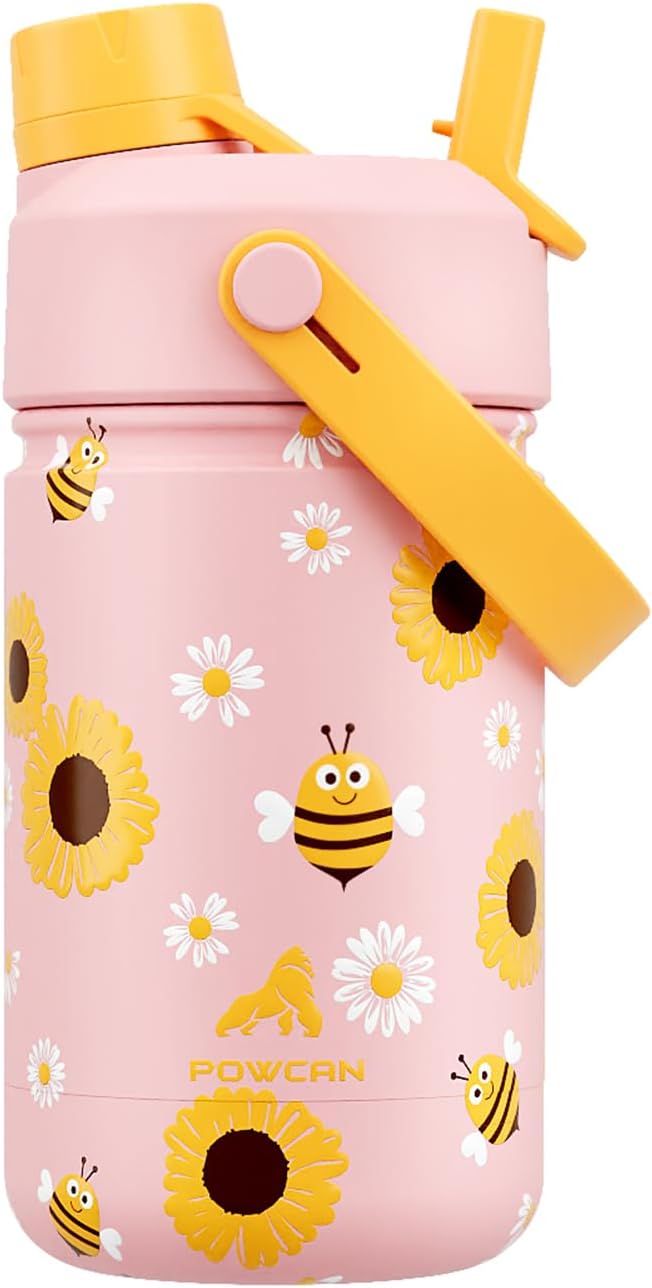12 oz Kids Metal Water Bottle for School: Leakproof, Insulated Cup with Dual Straw Spout Lid, BPA-Free, Car Cupholder Friendly, 24H Cold for Camping, Sports, Birthday Gift for Girs (Bee the Sunshine)