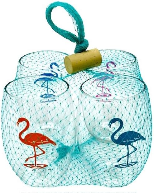Wine-Oh! Set of 4 Shatterproof Designer 16 oz Plastic Wine Glasses MADE in the USA (FLAMINGOS), 4 Count (Pack of 1)