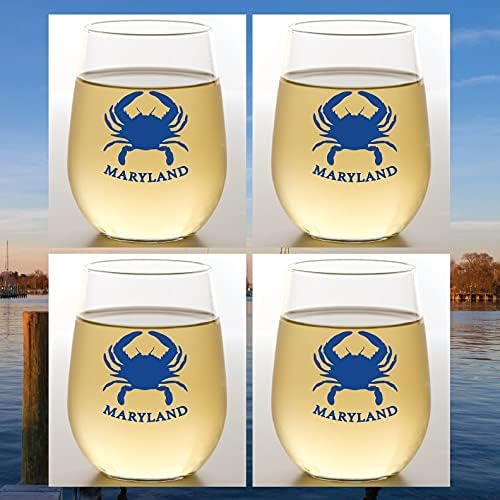 Wine-Oh! Set of 4 Shatterproof Designer 16 oz Plastic Wine Glasses MADE in the USA (MARYLAND BLUE CRAB)