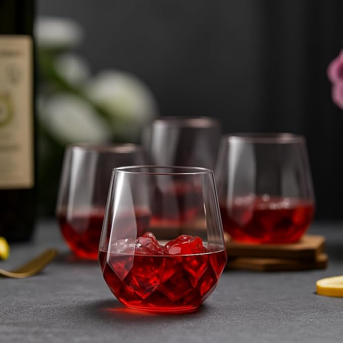 Oojami 40 Pack Diamond Shaped Plastic Wine Glasses 12 oz - Stemless Disposable Unbreakable Cups for Champagne Whiskey Cocktails, BPA-Free Shatterproof Drinkware for Wedding Party Home Bar (Clear)