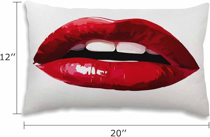 EKOBLA Sexy Biting Lips Farmhouse Oblong Rectangle Throw Pillow Covers Woman Red Lipstick Makeup Beauty Square Decorative Cushion Case for Couch Sofa Chair Bed Cotton Linen 12x20 Inch