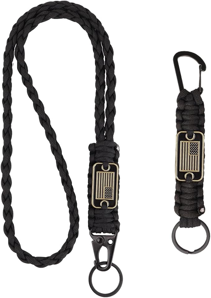 2pcs Heavy Duty Braided Paracord Lanyard Keychains with USA Flag, Parachute Rope Necklace for Outdoor Activities