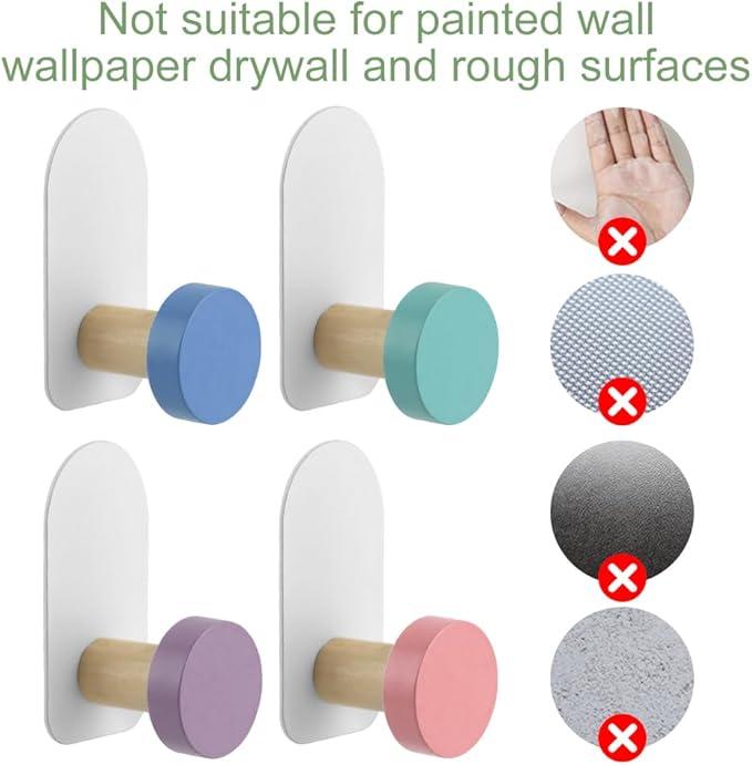 5 Pcs Self-Adhesive Wall Coat Hooks, Cute Wooden Sticky Clothes Hook Colorful Towel Hooks Multi Purpose Stick on Wall Hook Holder for Key Towel Coat Kitchen Bathroom(Macaron Round)