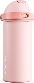 POWCAN 18 oz Insulated Water Bottle: 2-in-1 Push-Button Spout & Quick-Flip Straw, Leakproof, Cold 24Hrs, Fits Car Cup Holder, Stainless Steel Water Bottle for Sports, Travel, School (Cotton Candy)