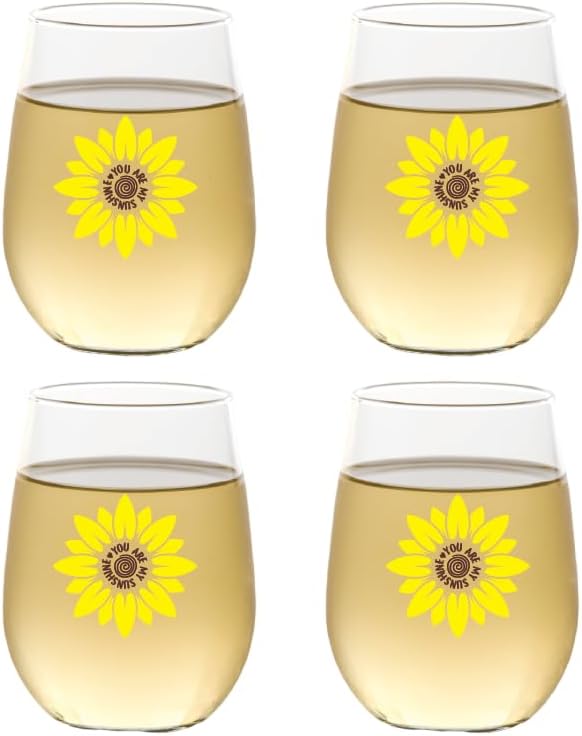 Set of 4 Shatterproof Designer 16 oz Plastic Wine Glasses MADE in the USA (SUNFLOWERS)