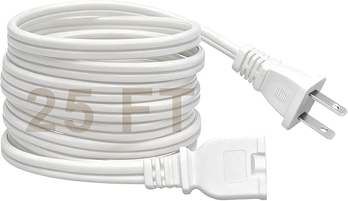 25 FT 2 Prong Extension Cord, 18AWG SPT-2 Indoor Male to Female Power Cord ETL Listed Extra Long Extension Cords, Flexible & Thin Design for Home Office Use, 10A 1250W, Polarized Plug, White