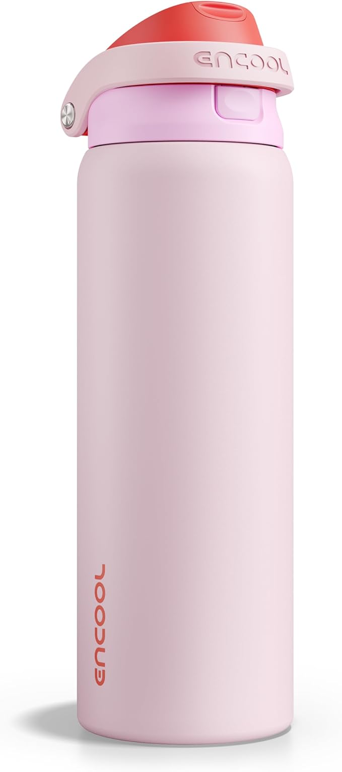 ENCOOL Leakproof Insulated Water Bottle with Straw Dual-Sip Water Bottle Bag-Safe Design for Work, Commute & Gym – Keeps Drinks Cold All Day, 32 oz, Lychee Pink