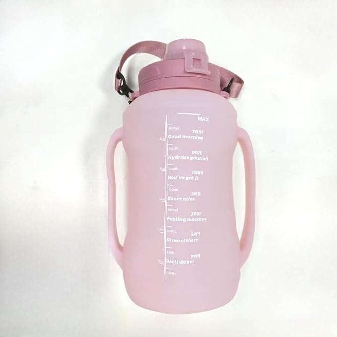 64oz Foldable Silicone Water Bottle with Straw, BPA-Free Motivational Time Marker, Leakproof Collapsible Water Jug with Handle for Gym, Sports, Camping & Outdoor Activities (Pink)
