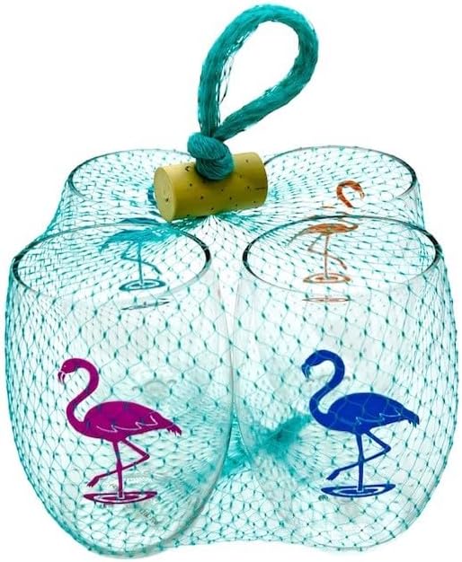 Wine-Oh! Set of 4 Shatterproof Designer 16 oz Plastic Wine Glasses MADE in the USA (FLAMINGOS), 4 Count (Pack of 1)