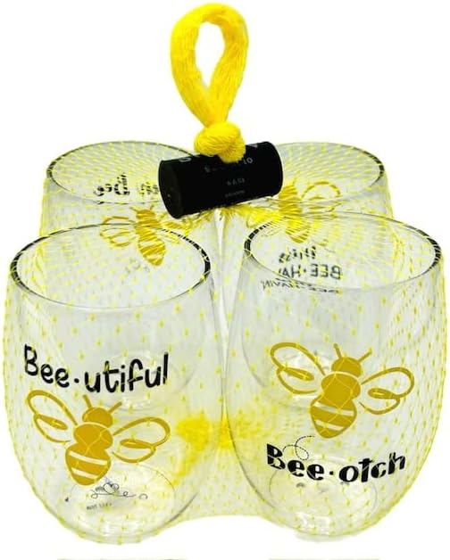Wine-Oh! Set of 4 Shatterproof Designer 16 oz Plastic Wine Glasses MADE in the USA (BEEHIVE)