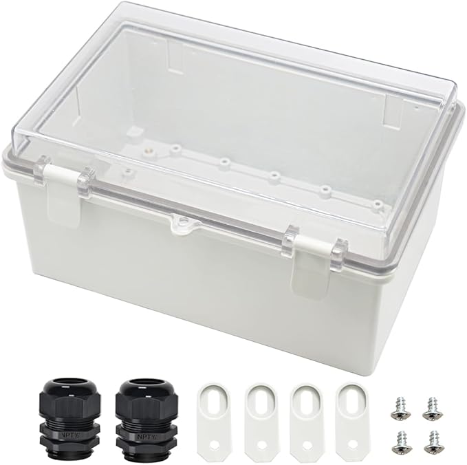 Zulkit Junction Box ABS Plastic Dustproof Waterproof IP65 Electrical Boxes Hinged Shell Outdoor Universal Project Enclosure Clear Cover with 2 Cable Glands 11.4 x 7.5 x 5.5 inch(290x190x140mm)
