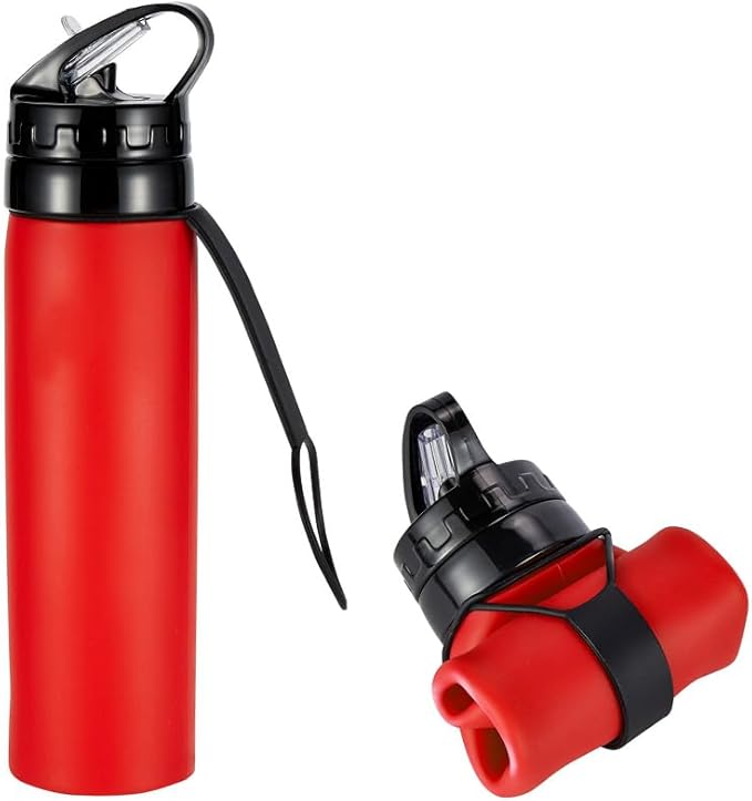 Collapsible Water Bottles 15oz, Odorless BPA-Free Silicone, Leak-Proof Foldable Reusable Bottle - Perfect for Cruise Travel Sports Gym Hiking Camping Cycling - Red