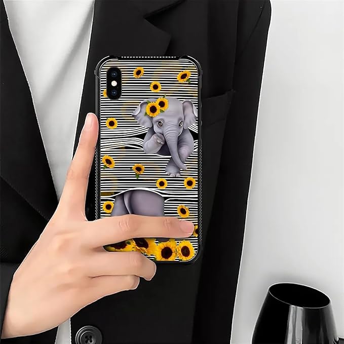 for iPhone X/Xs Case, Cute Little Elephant Sunflower White Line Art Pattern Made of Soft Silicone Hard Acrylic Shock Protection for iPhone X/Xs