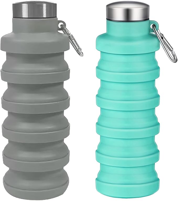 Collapsible Water Bottles,16oz Capacity Portable Reusable Silicone Water Bottle,Leak-proof,with buckle,foldable storage,Lightweight Durable for Fitness,Cycling,Sports,Camping,Hiking (Grey+Green)