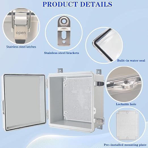 Waterproof Electrical Box with Mounting Plate, IP67 Junction Box Stainless Steel Latch Hinged Grey Cover Project Enclosure with Wall Bracket and 2 Glands 8.3" x 8.3" x 5.1"