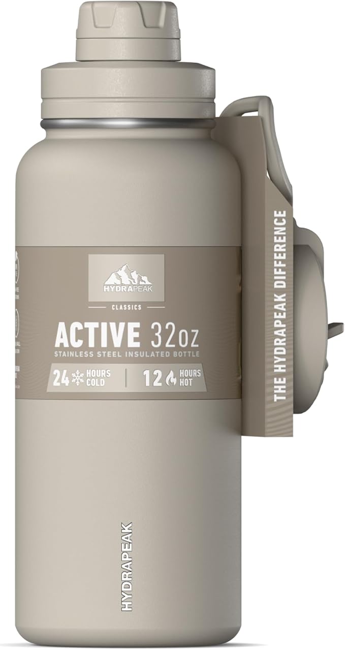 Hydrapeak 32oz Sport Insulated Water Bottle with Straw & Chug Lid, Leak & Spill Proof, Keeps Drinks Cold for 24 Hours, Hot for 12 Hours, Premium Stainless Steel Water Bottles (32oz, Stone)