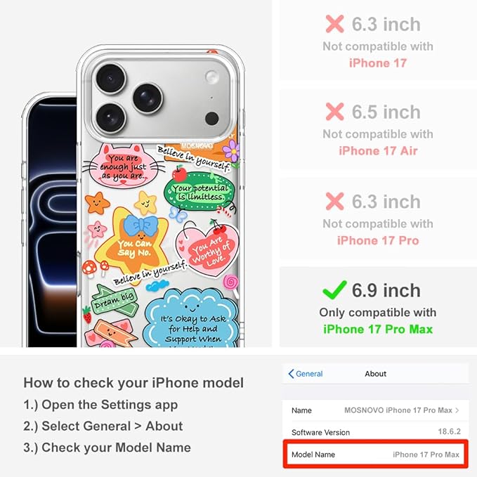 MOSNOVO for iPhone 17 Pro Max Case, Shockproof Military-Grade Protection 6.6ft Drop Tested, Camera Control, Clear Phone Case for iPhone 17 Pro Max, Self Love Club Design