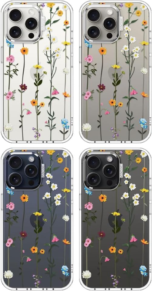 MOSNOVO Case for iPhone 15 Pro Max, [Buffertech 6.6ft Military-Grade Drop Protection] [Anti Peel Off Tech] Clear TPU Bumper Phone Case Cover Design - Wildflowers