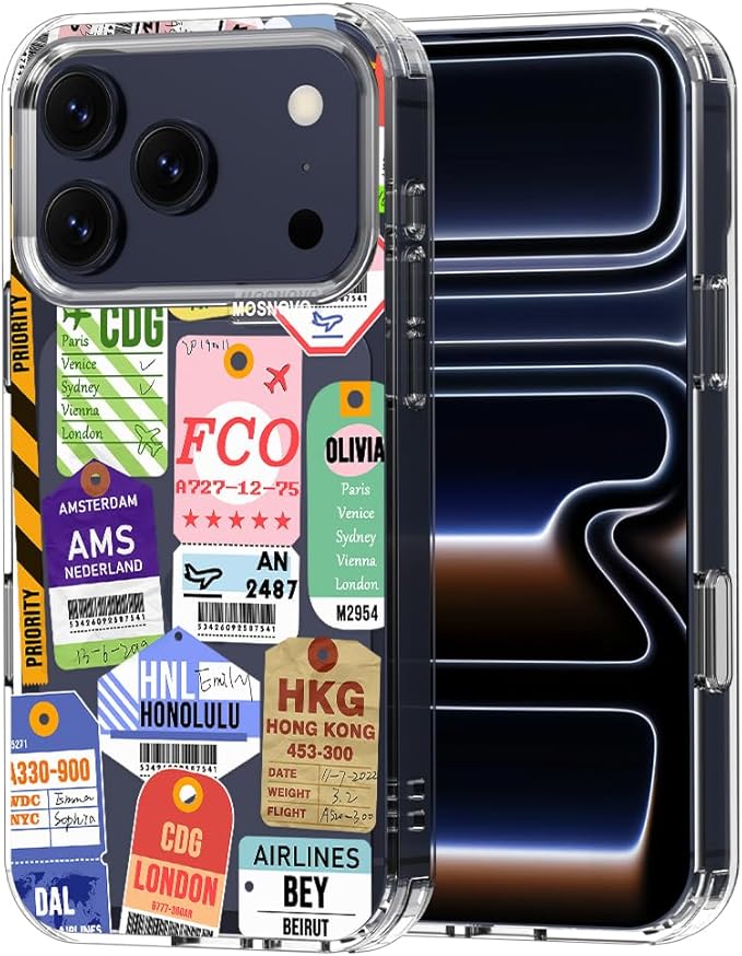 MOSNOVO for iPhone 17 Pro Case | Military Grade 6.6ft Drop Tested | Camera Control | Clear with Air Ticket Labels Design