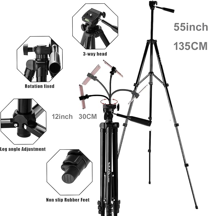 65" Aluminum Phone & Camera Tripod with Gooseneck Stand, Extendable Cell Phone Tripod Stand Compatible with iPhone/Android/Action Camera is Perfect for Live Streaming/Video Recording/Selfies