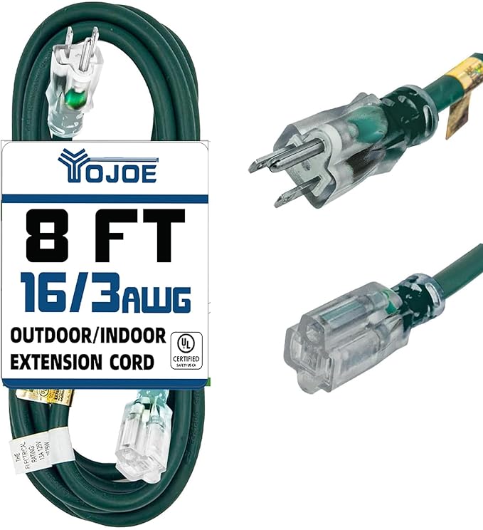 YOJOE Indoor Outdoor Extension Cord with Lighted End, 3 Prong 13A Weatherproof Power Cord, 16 Gauge Heavy Duty 8 ft Green Extension Cord for Garage, Garden and Home, 16/3 SJTW UL Listed