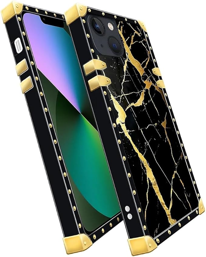 Compatible with iPhone 13 Case, Black Gold Marble Nature Luxury Golden Decoration for Girl Women Soft TPU Shockproof Protective Hard PC Back for iPhone 13