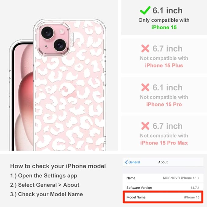 MOSNOVO Case for iPhone 15, [Buffertech 6.6ft Military-Grade Drop Protection] [Anti Peel Off Tech] Clear TPU Bumper Phone Case Cover Design - White Leopard Print