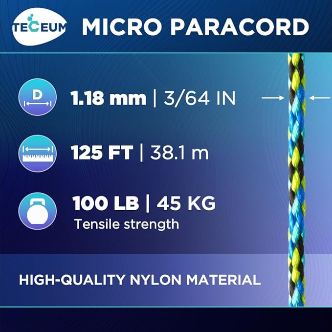 TECEUM Micro Paracord – 1.18 mm X 125 ft – Micro Utility Cord – Thin Braided Paracord Rope – Best for Crafting, DIY Projects, Fishing, Camping – Wind Chime Replacement – Survival Strong String