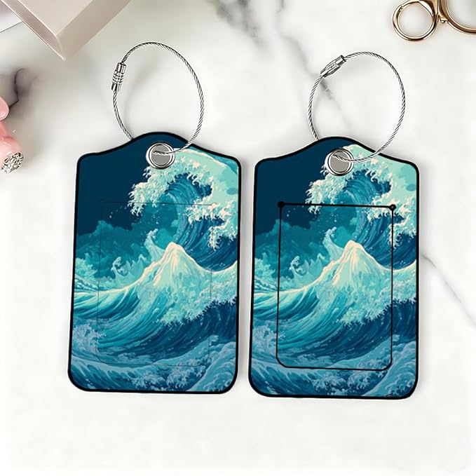 2Pcs Deep Ocean Blue Luggage Tags for Suitcases, 2.83x4.53 Abstract Sea Wave ID Labels with Privacy Cover, Aesthetic Nautical Bag Tags for Backpacks, Cruise Ship Travel Essentials, Set of 2