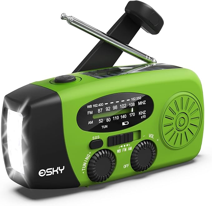 Esky Emergency Hand Crank Radio with 3 LED Flashlight, AM/FM/NOAA Portable Weather Radio with 2000mAh Battery, Solar-Powered USB Rechargeable Radio for Indoor and Outdoor Camping, Green