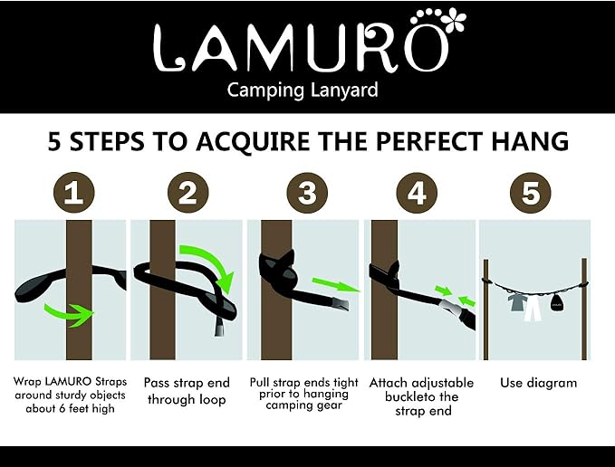 Campsite Storage Strap with 19 Separated Loops for Hanging Camping Equipment, Gear and Supplies | Includes Carabiner Hooks and Clothes Pins | Durable Campground Organizer Holds up to 150 LBS