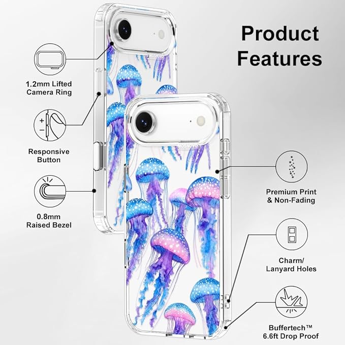 MOSNOVO for iPhone Air Case, Shockproof Military-Grade Protection 6.6ft Drop Tested, Camera Control, Clear Phone Case for iPhone 17 Air, Mystic Jellyfish Design