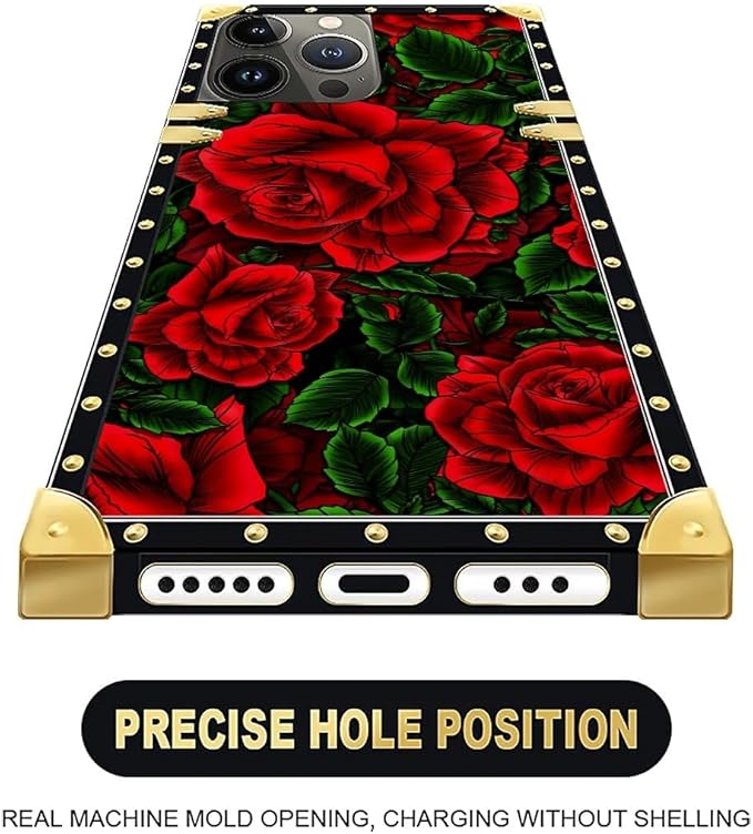Compatible with iPhone 16 Pro Max Case, Vector Red Rose Green Leaf Luxury Golden Decoration for Girl Women Soft TPU Shockproof Protective Hard PC Back