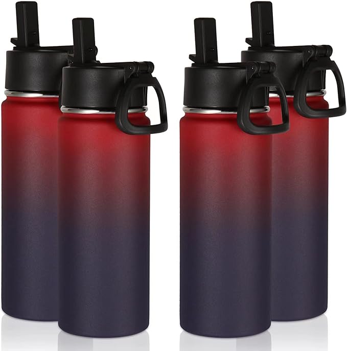 Volhoply 18oz Insulated Water Bottle Bulk 4 Pack,Kids Stainless Steel Water Bottles with Straw Lid,Wide Mouth Reusable Metal Cups,Double Wall Vacuum Sports Flask Keep Hot and Cold(Red Purple,4 Set)