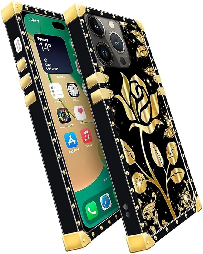 Compatible with iPhone 14 Pro Max Case, Shine Gold Rose Luxury Golden Decoration for Girl Women Soft TPU Shockproof Protective Hard PC Back for iPhone 14 Pro Max