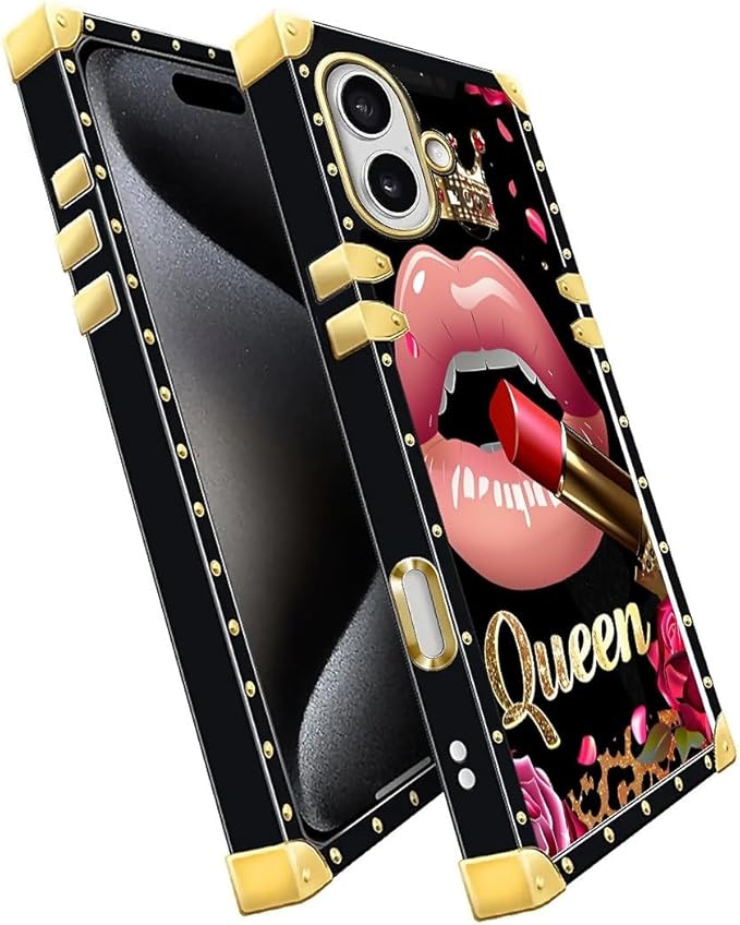 for iPhone 17 Case Luxury Golden Decoration for Girl Women Soft TPU Shockproof Protective Hard PC Back for iPhone 17 Crazy Pattern Glitter Red Rose Queen Leopard Lipstick