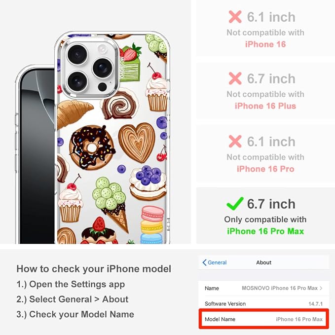 MOSNOVO for iPhone 16 Pro Max Case, Shockproof Military-Grade Protection 6.6ft Drop Tested, Clear Phone Case for iPhone 16 Pro Max, Sweet Treats Design