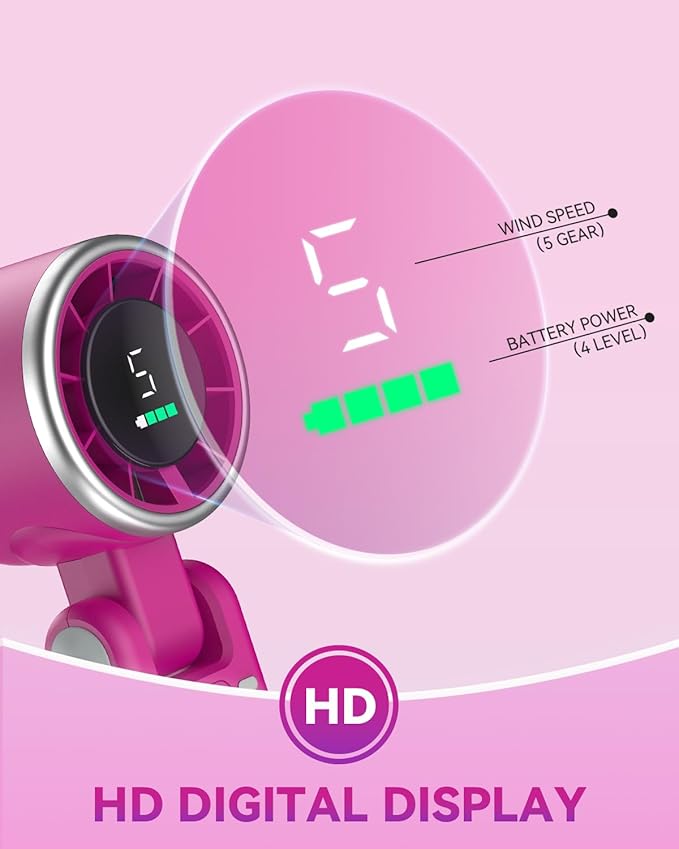 PlayHot Portable Handheld Turbo Fan, 5-Speed Personal Fans, 5000mAh Rechargeable Fans Up to 12 Hours, Weight only 0.6lb Small Fan, Hand/Neck/Desk Fan 3 IN 1, Beach Vacation Essentials(Magenta)