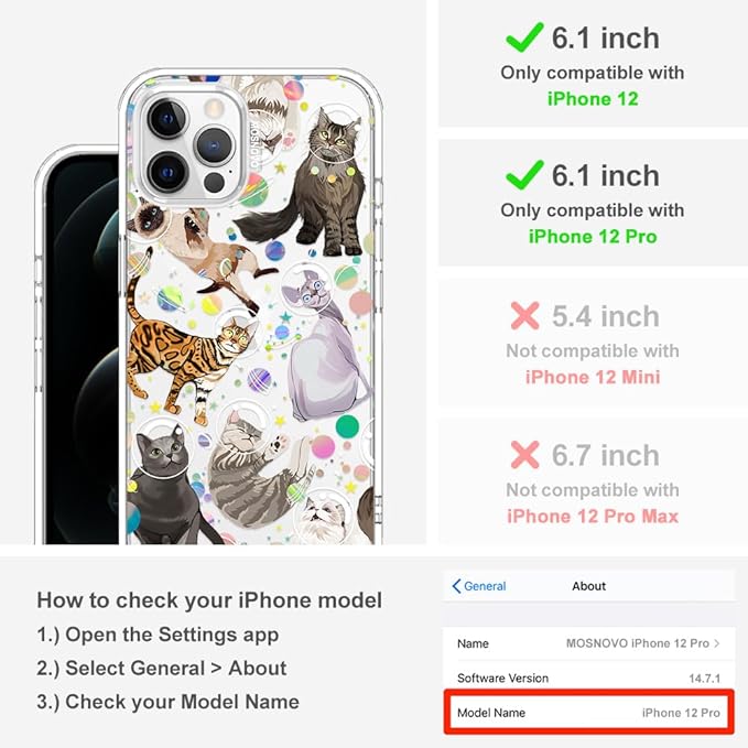 MOSNOVO Case for iPhone 12 & iPhone 12 Pro, [Buffertech 6.6ft Military-Grade Drop Protection] [Anti Peel Off Tech] Clear TPU Bumper Phone Case Cover Design - Space Cat