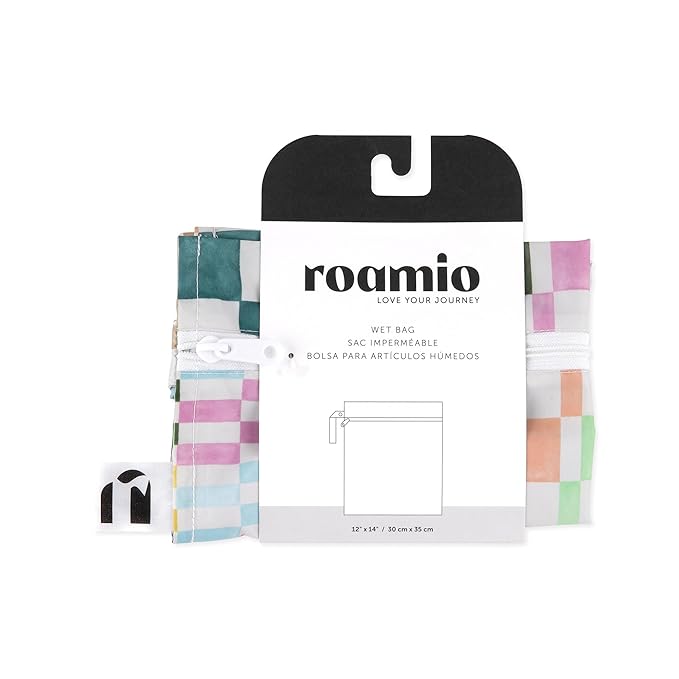 Bumkins Roamio Waterproof Wet Bag for Baby, Travel, Swim Suit, Cloth Diapers, Pump Parts, Pool, Beach, Gym Clothes, Toiletry, Hook to Stroller, Daycare, Zip Reusable Wetdry Packing Pouch, Multi Check