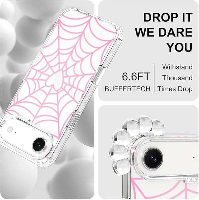 MOSNOVO for iPhone Air Case, Shockproof Military-Grade Protection 6.6ft Drop Tested, Camera Control, Clear Phone Case for iPhone 17 Air, Pink Spiderweb Design