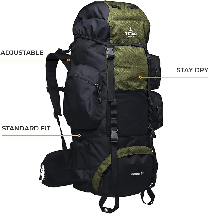 Teton 65L Explorer Internal Frame Backpack for Hiking, Camping, Backpacking, Rain Cover Included, Graphite