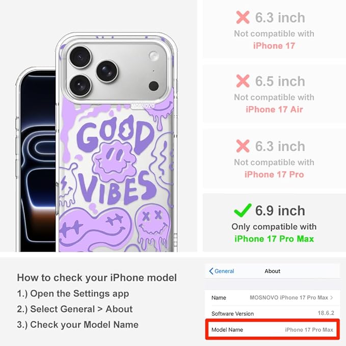 MOSNOVO for iPhone 17 Pro Max Case | Military Grade 6.6ft Drop Tested | Camera Control | Clear with Good Vibes Design