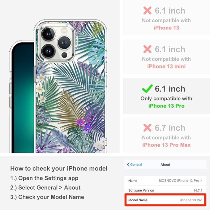 MOSNOVO Case for iPhone 13 Pro, [Buffertech 6.6ft Military-Grade Drop Protection] [Anti Peel Off Tech] Clear TPU Bumper Phone Case Cover Design - Tropical Rainforests