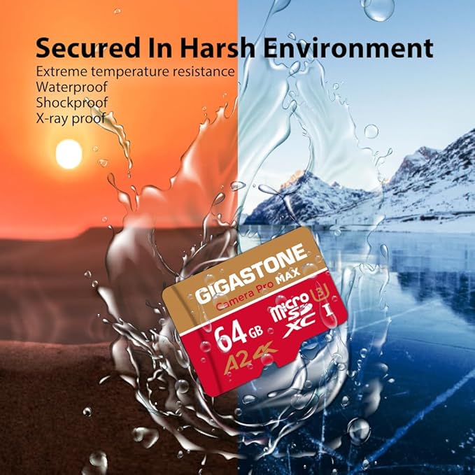 【5-Years Data Recovery】 GIGASTONE 64GB Micro SD Card, Camera Pro MAX, Compatible with Gopro, Dash Cam, DJI, Drone, Security Camera, Speed Up to 100MB/s, microSDXC UHS-I A2 4K U3 C10, with Adapter