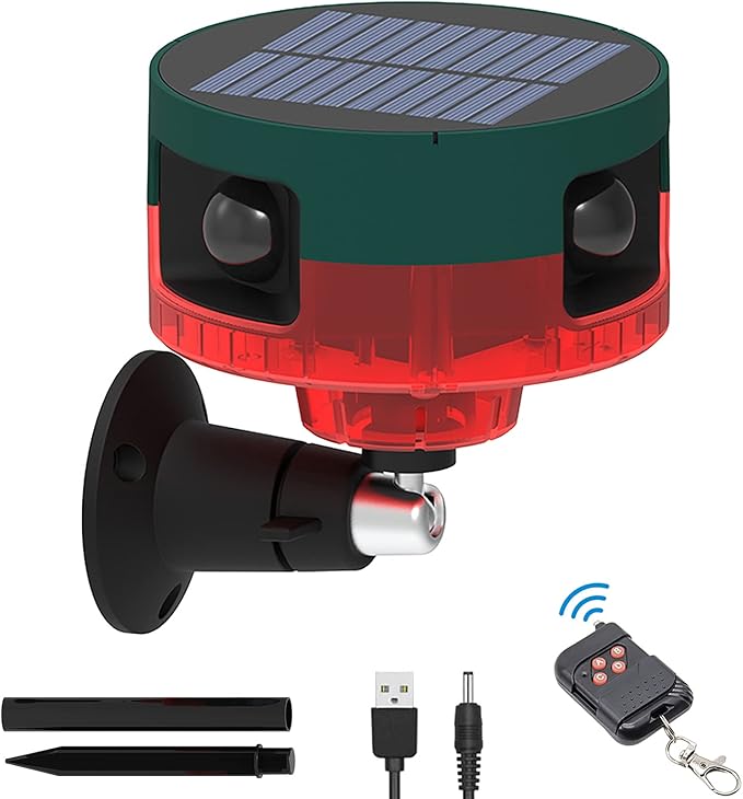 Solar Sensor Security Alarm Lights Outdoor, 360° Motion Detector LED Flashing Strobe Light Warning Lamp Built-in 13Sounds,129db Loud Siren Sound for Home Farm Barn Villa Yard (Red-1)